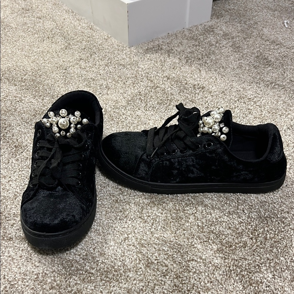 Black Velvet Sneakers with Pearl Embellishments